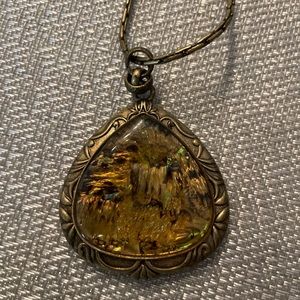 Vintage Abalone with Birds Two Sides Pendant Necklace Gold Tone